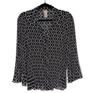 Covington Women's L Plaid Black & White‎ Circle Print Bell-Sleeve Blouse